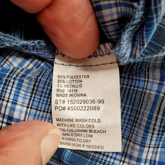 Ely Cattleman Western Shirt Large Blue Silver Plaid Pearl Cowboy Rodeo Dance - Picture 4 of 14